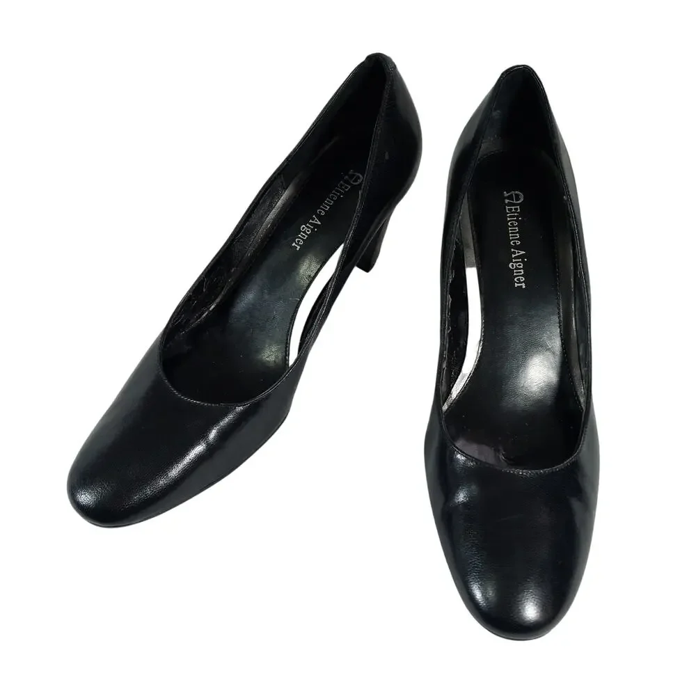 ETIENNE AIGNER! BLACK GENUINE LEATHER MODERATE HEELED CLASSIC PUMPS, HEELS! 7.5M